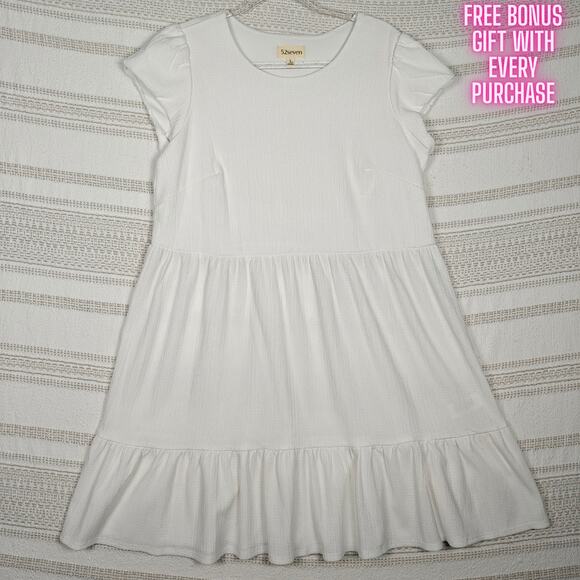 52seven White Short Sleeve Ruffle Hem Dress Size L NEW - Picture 1 of 9